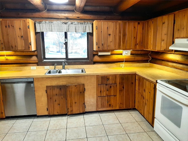 kitchen with stainless steel dishwasher, white electric range oven, sink, beam ceiling, and light tile patterned floors