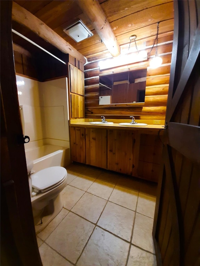 bathroom featuring tile patterned flooring, beam ceiling, wood ceiling, and rustic walls