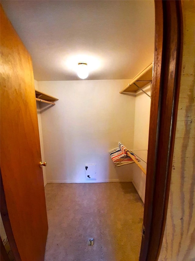 walk in closet featuring light colored carpet