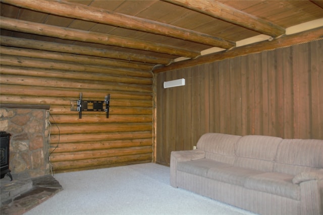 living room featuring a wood stove, rustic walls, wooden ceiling, beamed ceiling, and carpet floors