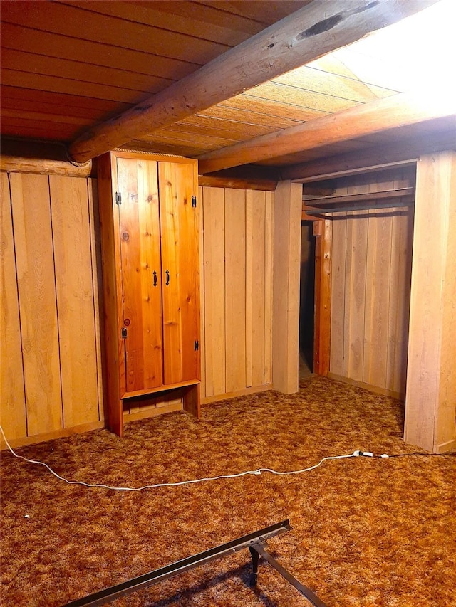 basement with carpet floors, wooden ceiling, and wood walls