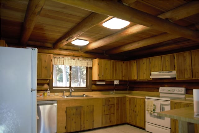 kitchen featuring white appliances, sink, beam ceiling, wooden ceiling, and light tile patterned flooring