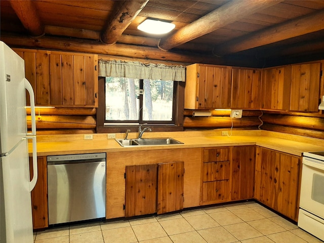 kitchen with white appliances, wooden ceiling, sink, beamed ceiling, and light tile patterned flooring