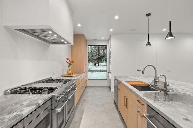 1027 State Park Rd, Whitefish, MT 59937 - kitchen featuring modern cabinets, custom range hood, stainless steel appliances, light stone counters, and recessed lighting
