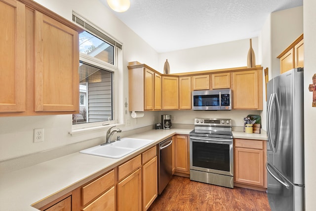 kitchen featuring dark hardwood / wood-style flooring, sink, stainless steel appliances, and a textured ceiling