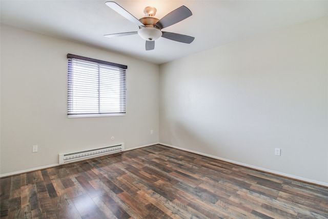 empty room featuring dark hardwood / wood-style flooring, a baseboard radiator, and ceiling fan