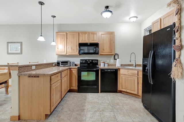 kitchen with kitchen peninsula, light brown cabinetry, sink, and black appliances