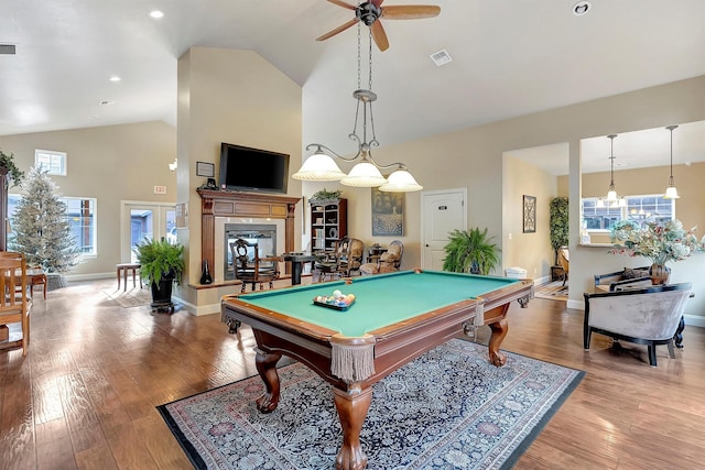 game room with ceiling fan, a healthy amount of sunlight, light hardwood / wood-style floors, and billiards