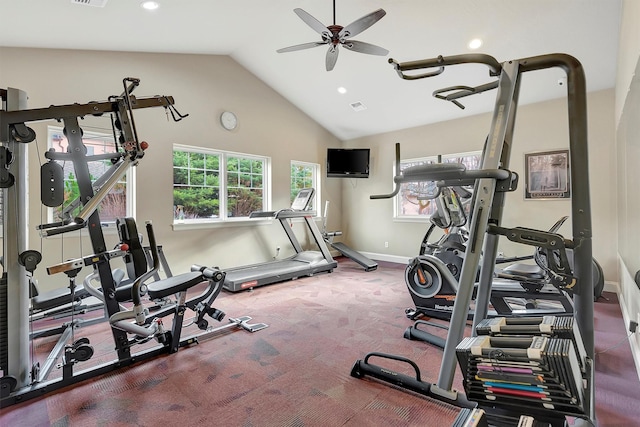 exercise room featuring carpet floors, ceiling fan, and lofted ceiling