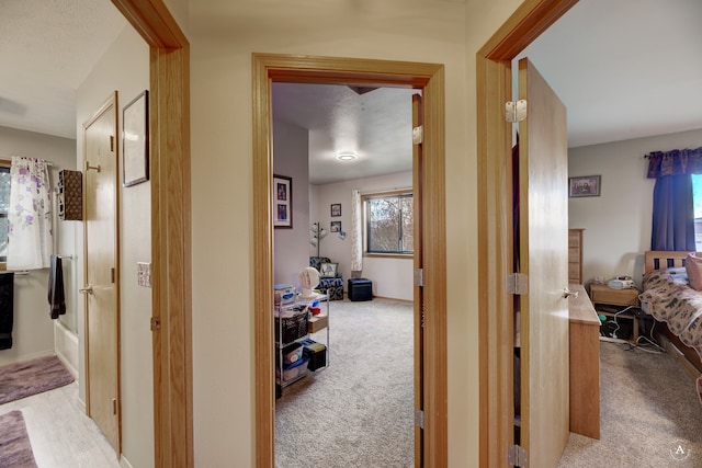 hallway featuring light carpet