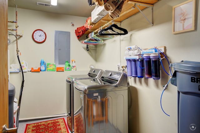 washroom with electric panel and washing machine and clothes dryer