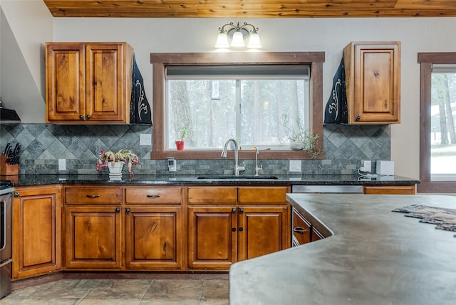 kitchen with decorative backsplash, dark stone counters, ventilation hood, stainless steel appliances, and sink