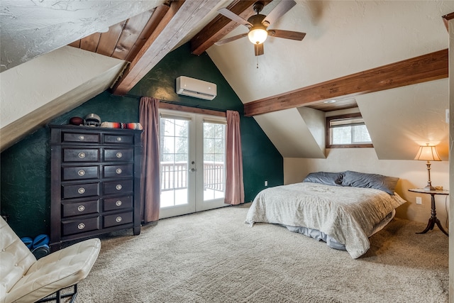 bedroom featuring french doors, access to outside, multiple windows, and ceiling fan