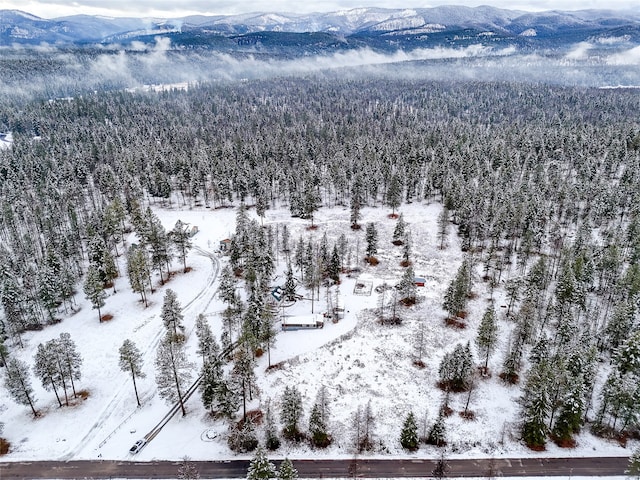 snowy aerial view featuring a mountain view