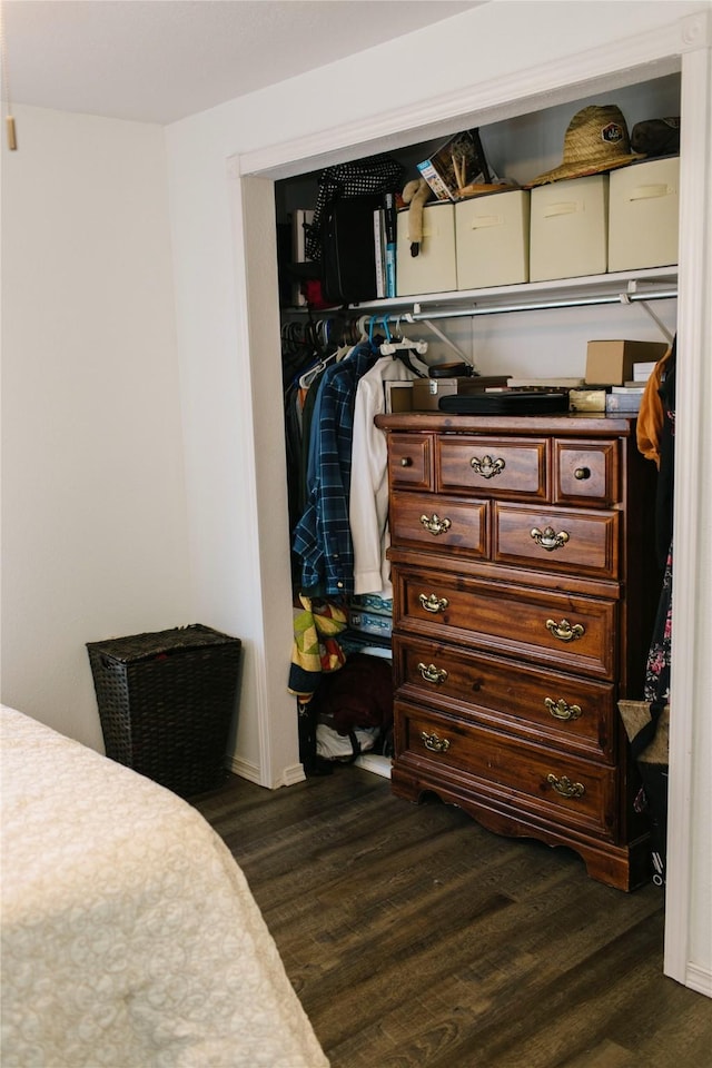 bedroom with a closet and dark wood-style flooring