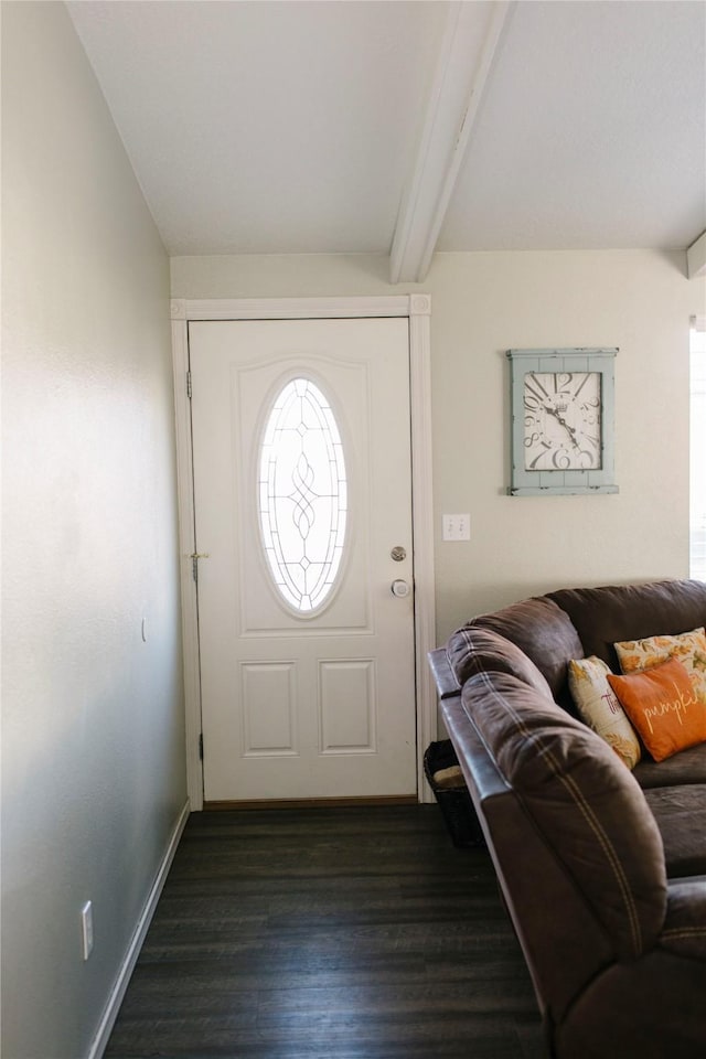 entryway with baseboards, beam ceiling, and dark wood-style flooring