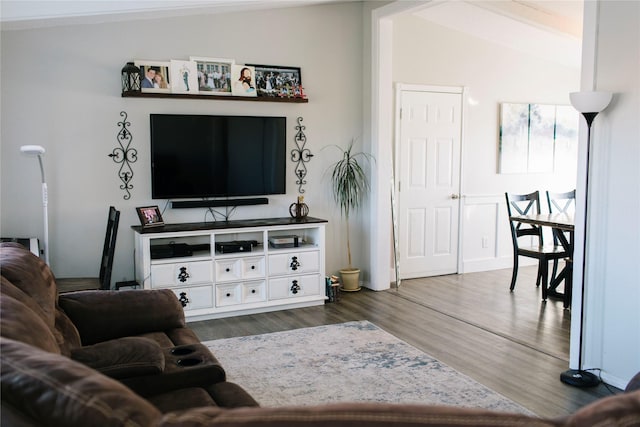 living area featuring lofted ceiling and dark wood-type flooring