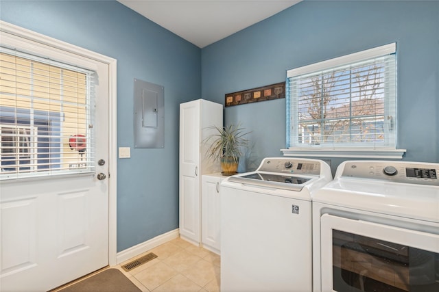 659 Copperwood Ct, Whitefish, MT 59937 - clothes washing area featuring electric panel, separate washer and dryer, light tile patterned flooring, and baseboards
