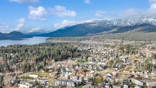 659 Copperwood Ct, Whitefish, MT 59937 - aerial overview of property's location with a heavily wooded area, a water and mountain view, and nearby suburban area