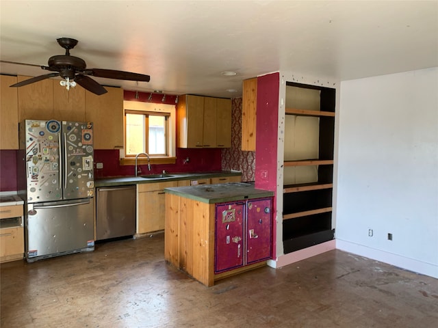 kitchen with decorative backsplash, ceiling fan, sink, and appliances with stainless steel finishes