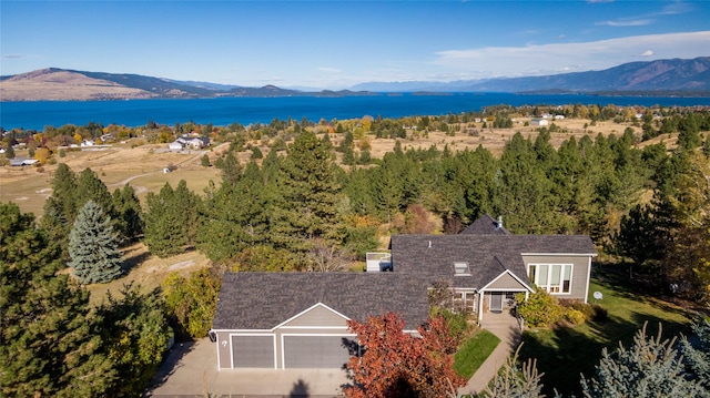 aerial view with a water and mountain view