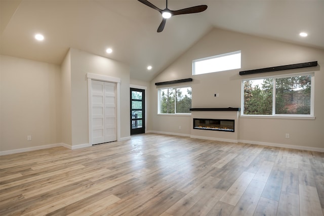 unfurnished living room featuring light hardwood / wood-style flooring, high vaulted ceiling, and ceiling fan