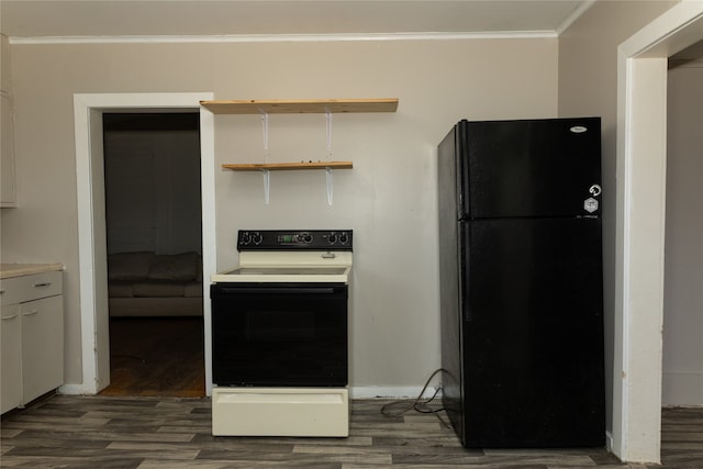 kitchen featuring black fridge, white electric range, ornamental molding, dark hardwood / wood-style flooring, and white cabinetry