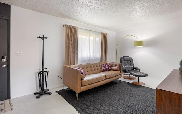 living room with carpet and a textured ceiling