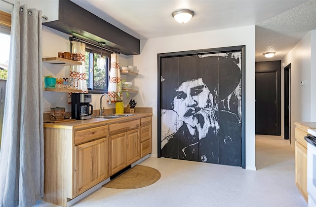 kitchen with a textured ceiling, range, and sink