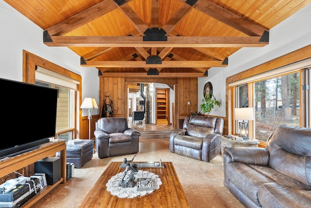 living room with beam ceiling, high vaulted ceiling, and wooden ceiling