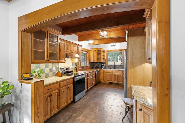 kitchen featuring sink, light stone countertops, tasteful backsplash, beamed ceiling, and stainless steel appliances