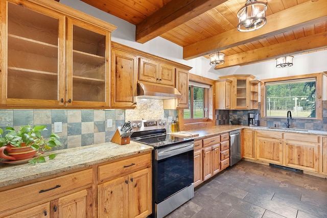 kitchen featuring sink, pendant lighting, plenty of natural light, and appliances with stainless steel finishes