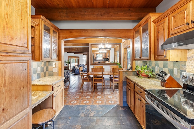 kitchen with tasteful backsplash, electric stove, beamed ceiling, and wooden ceiling