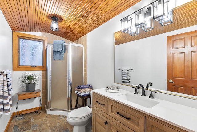 bathroom with lofted ceiling, an enclosed shower, toilet, vanity, and wood ceiling