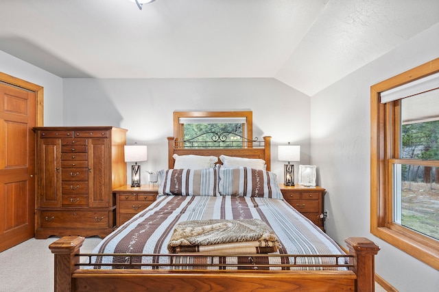 bedroom featuring multiple windows, carpet floors, and lofted ceiling