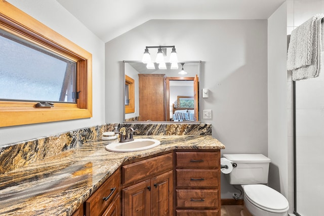 bathroom featuring walk in shower, vanity, lofted ceiling, and toilet