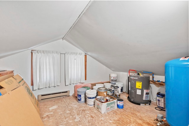 attic with electric water heater and a baseboard heating unit