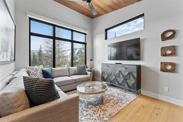 1148 Glades Dr, Whitefish, MT 59937 - living room with wooden ceiling, hardwood / wood-style floors, ceiling fan, and a healthy amount of sunlight