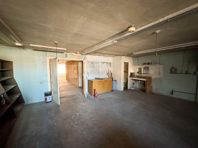 basement with a workshop area