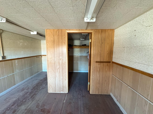 interior space featuring dark hardwood / wood-style floors and wood walls