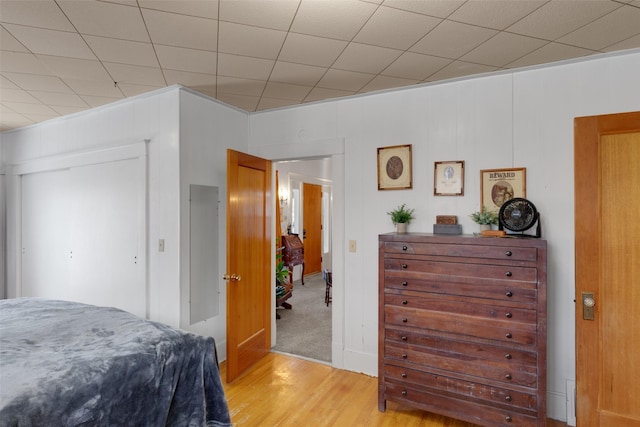 bedroom with light wood-type flooring and a closet