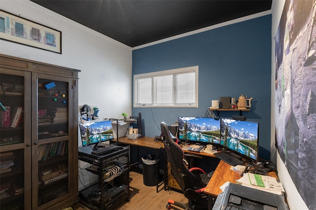 home office featuring crown molding and wood-type flooring