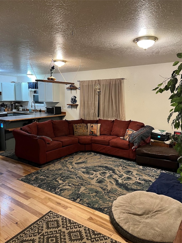 living room with hardwood / wood-style flooring, sink, and a textured ceiling