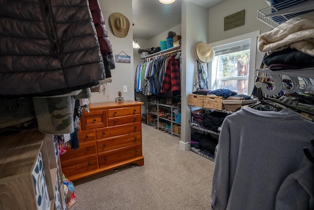 spacious closet featuring light colored carpet