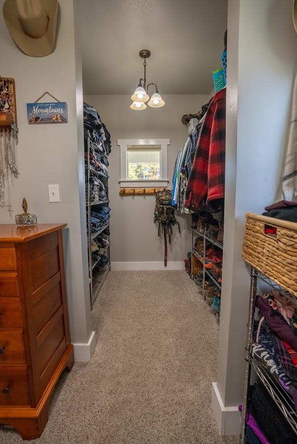 spacious closet featuring light carpet and an inviting chandelier