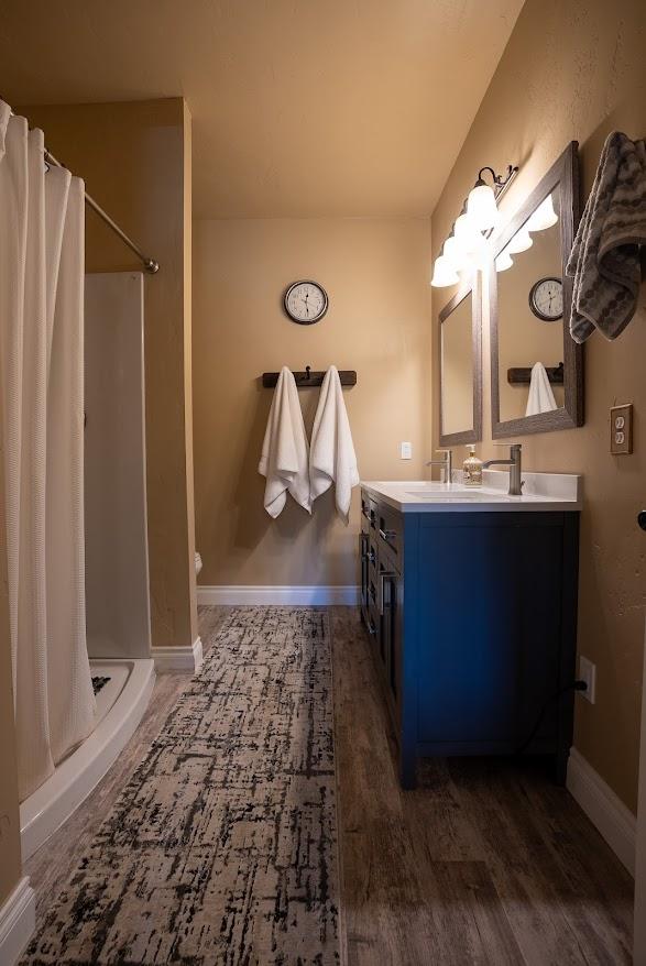 bathroom featuring curtained shower, vanity, and wood-type flooring