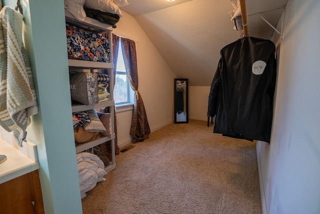 interior space with light carpet and vaulted ceiling