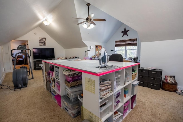 recreation room featuring light carpet, ceiling fan, and lofted ceiling