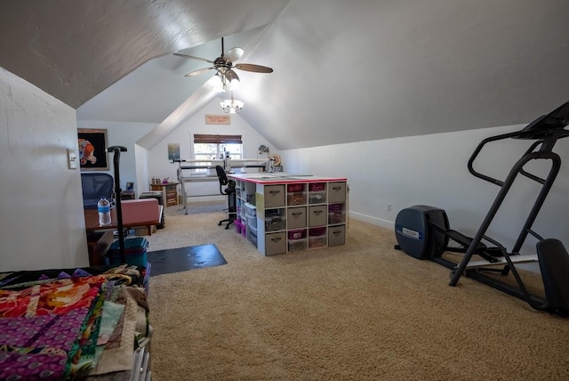 bedroom featuring light carpet, ceiling fan, and lofted ceiling