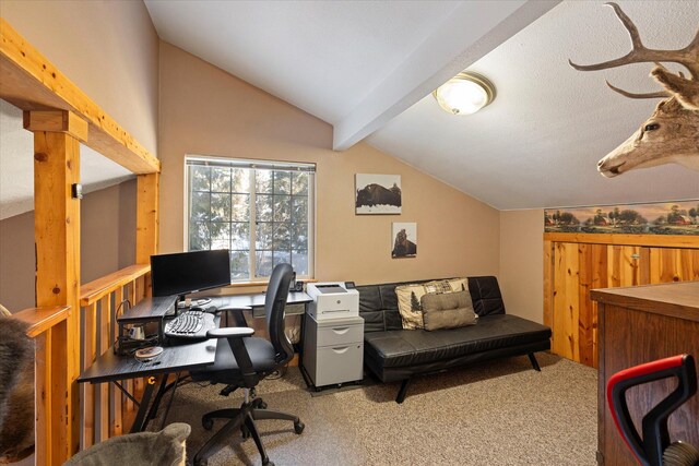 office featuring lofted ceiling with beams, light colored carpet, and wooden walls